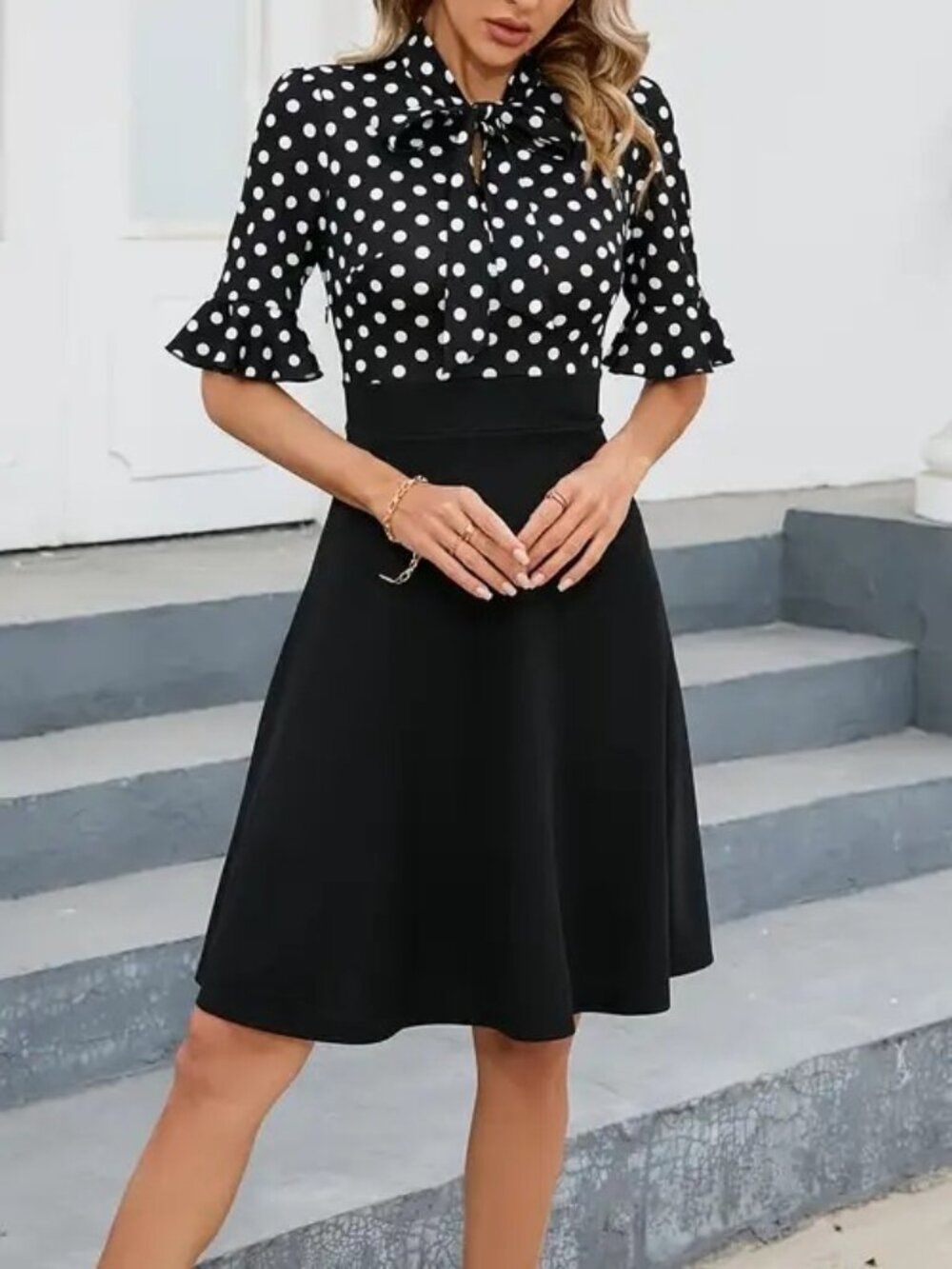 Ranphee Black White Polka Dot Bodice Tie-Neck Fit & Flare Skater Dress Size M